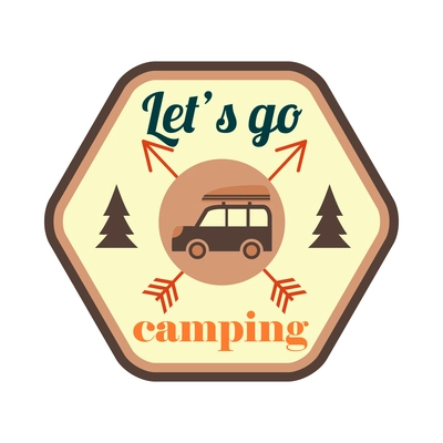 Outdoors tourism camping composition with flat isolated badge with editable text on blank background vector illustration