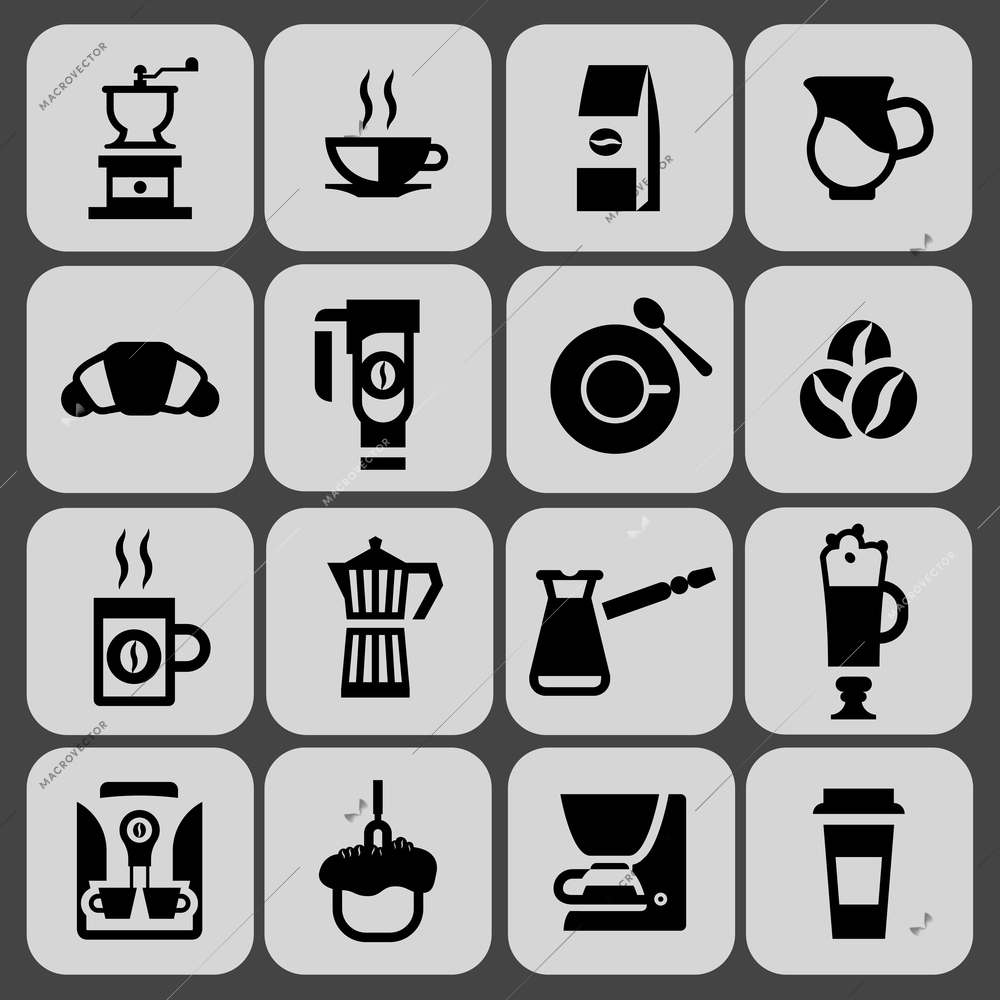 Coffee icons black set with hot drink cup mug french press isolated vector illustration