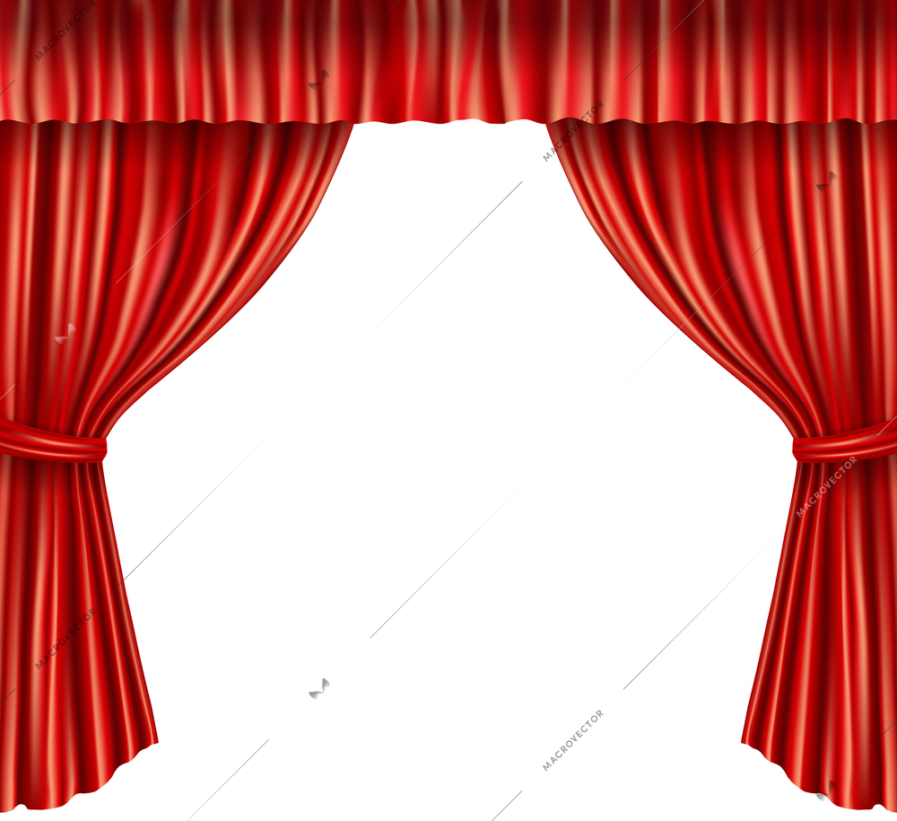 Theater stage red velvet open retro style curtain isolated on white background vector illustration