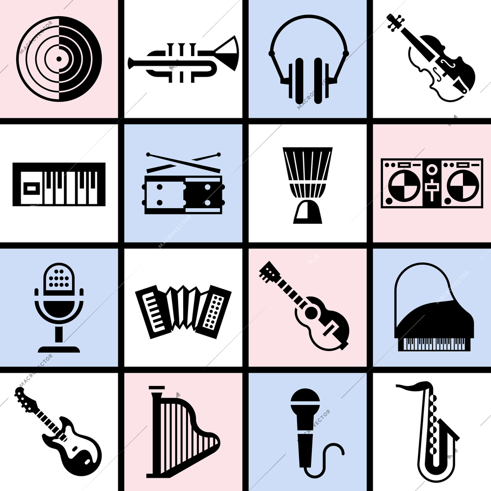 Musical instruments black icons set with vinyl trumpet headphones violin isolated vector illustration