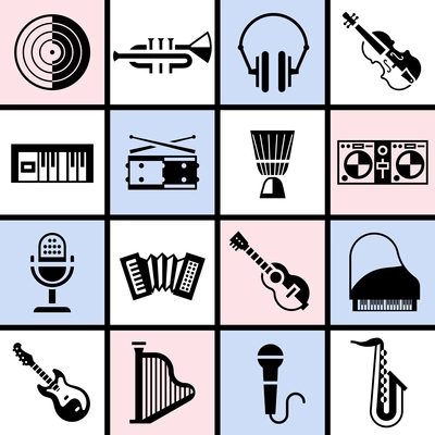 Musical instruments black icons set with vinyl trumpet headphones violin isolated vector illustration