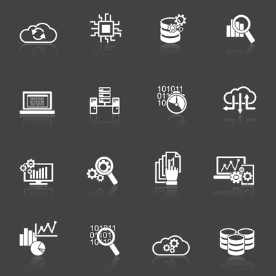 Database analytics computing process icons black and white set isolated vector illustration