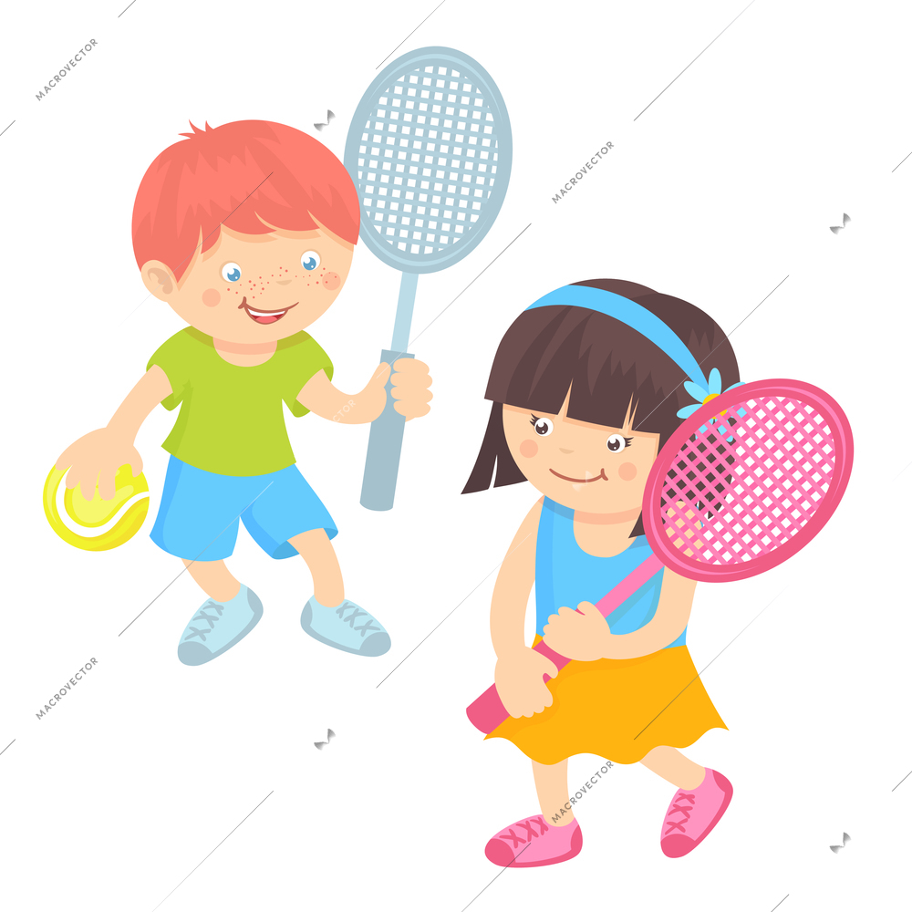 Boy and girl kids with sport equipment playing tennis isolated on white background vector illustration