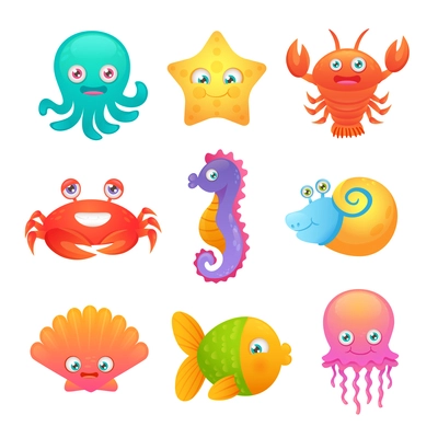 Cute sea life creatures cartoon animals set with fish octopus jellyfish isolated vector illustration