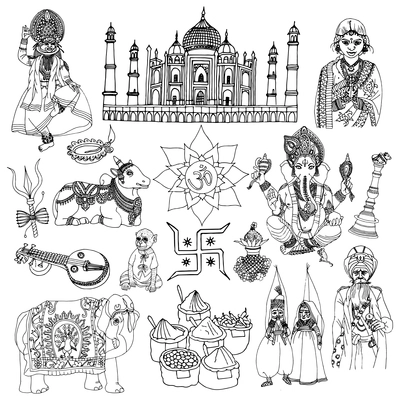 India travel traditional culture decorative sketch icons set with elephant lotus buddha isolated vector illustration