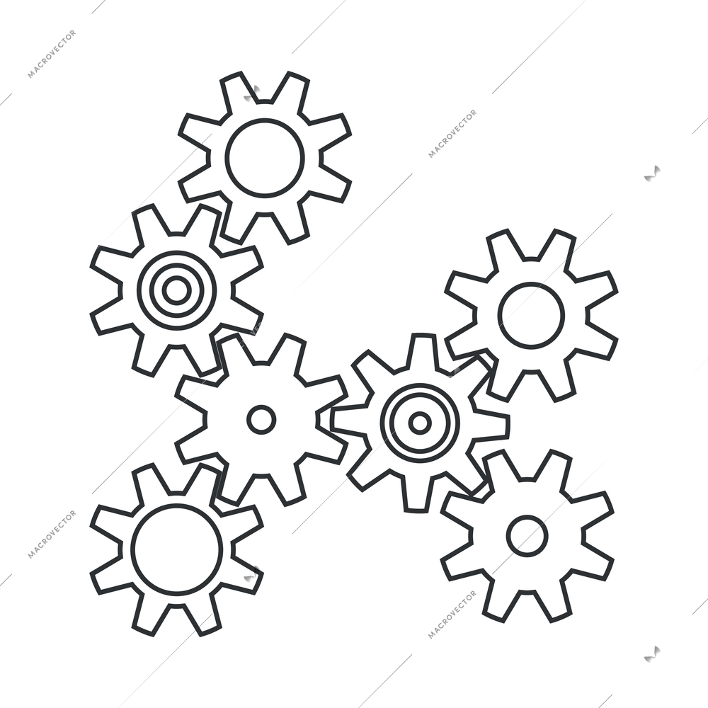 Cogs wheel composition with isolated outline icons of gear pictograms on blank background vector illustration