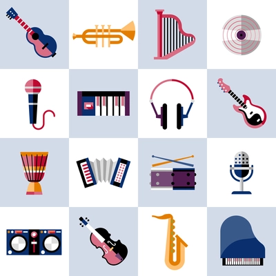 Musical instruments icons set with guitar trumpet harp vinyl isolated vector illustration.