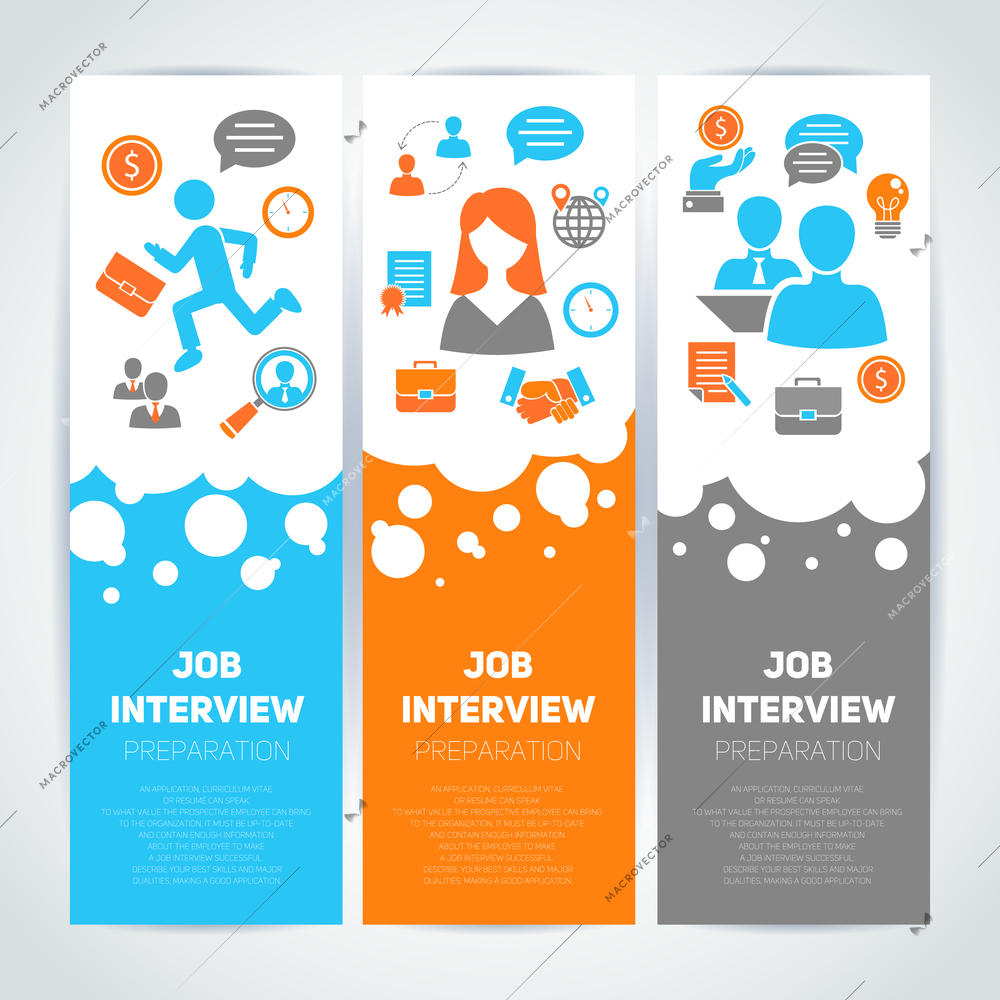 Job interview preparation flat banner vertical set with recruitment meeting cv search isolated vector illustration