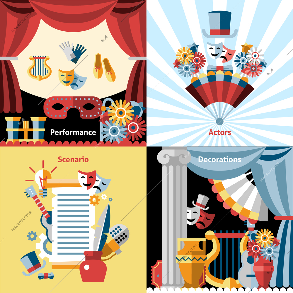 Theatre flat icon set with performance actors scenario decorations isolated vector illustration