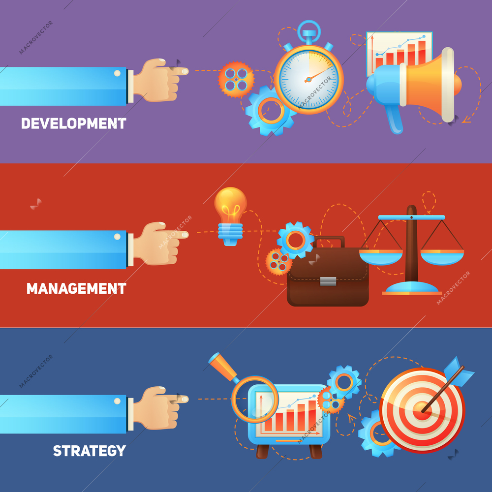 SEO concepts flat banners set with strategy management development isolated vector illustration