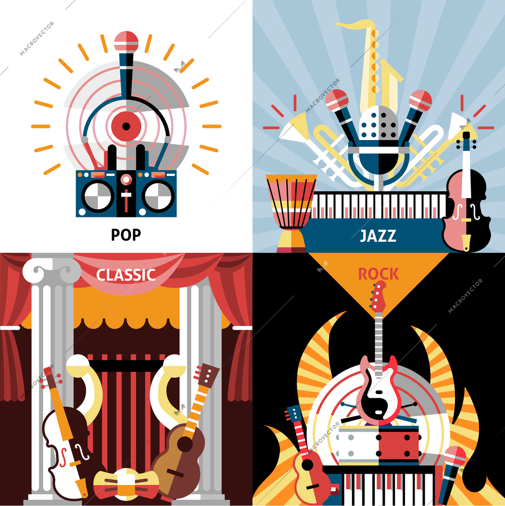 Musical instruments flat icons set with pop jazz classic rock isolated vector illustration.