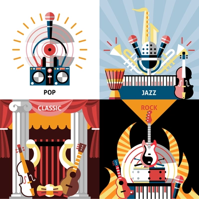 Musical instruments flat icons set with pop jazz classic rock isolated vector illustration.