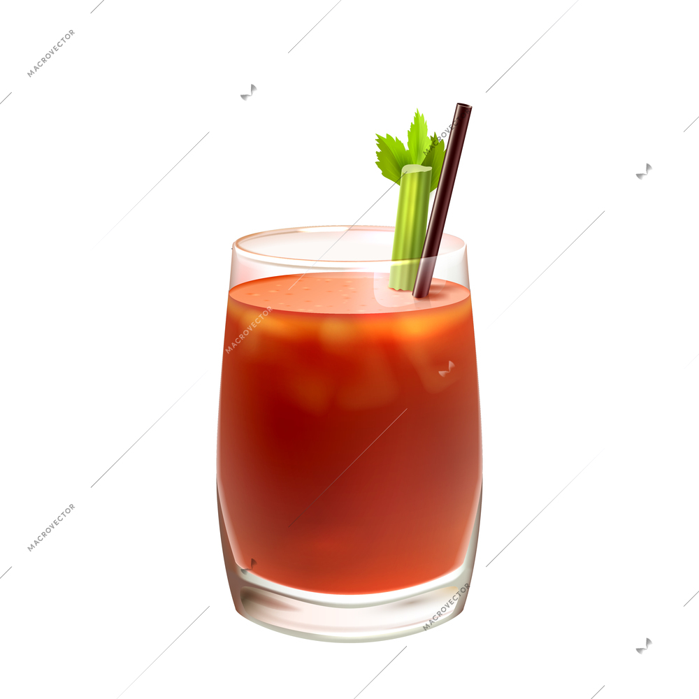 Bloody mary realistic cocktail in glass with celery stick and drinking straw isolated on white background vector illustration