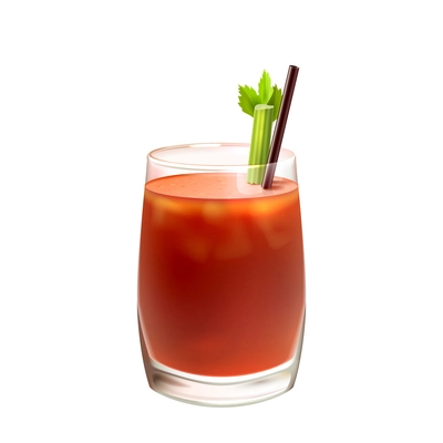 Bloody mary realistic cocktail in glass with celery stick and drinking straw isolated on white background vector illustration