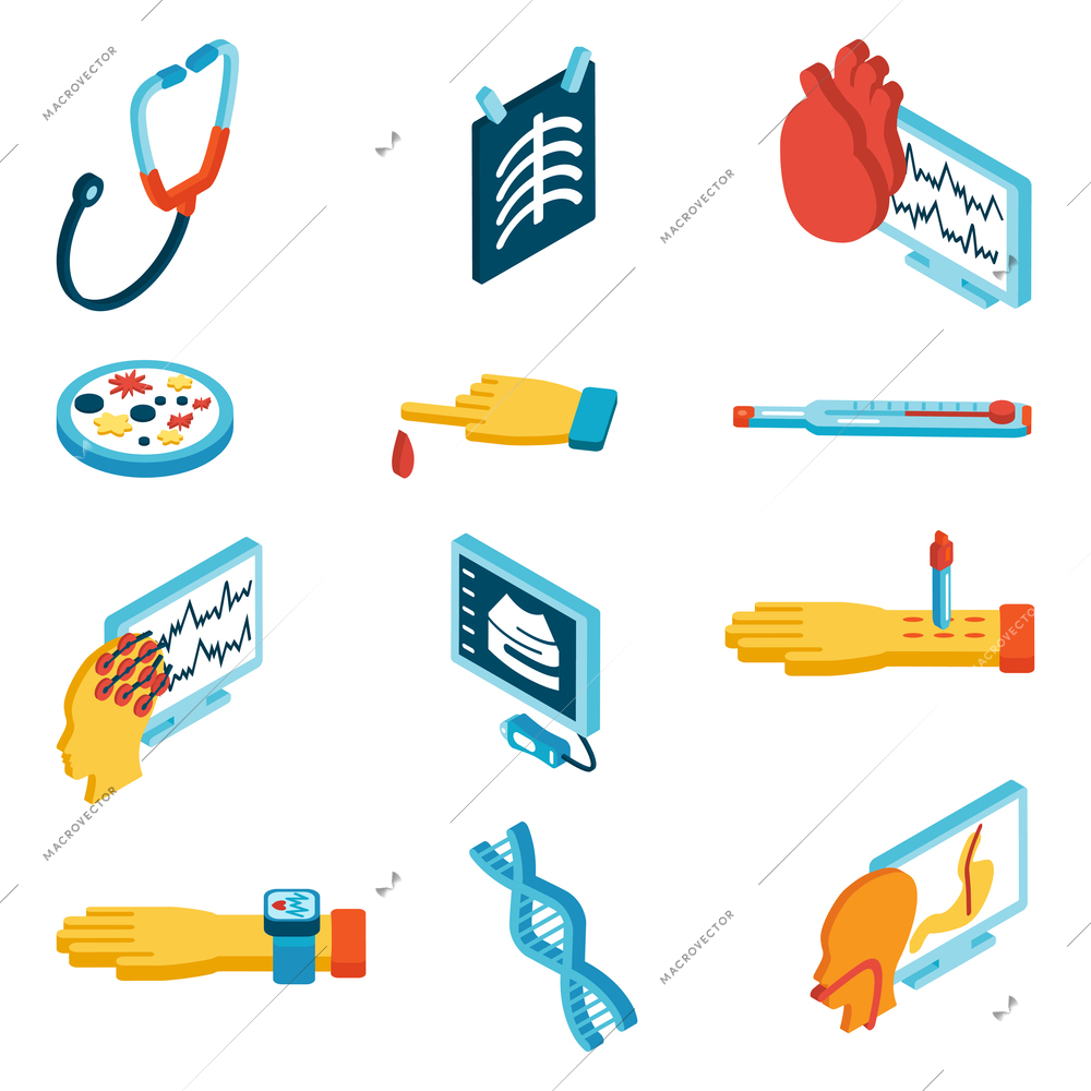 Medical isometric icons set with phonendoscope blood test dna isolated vector illustration