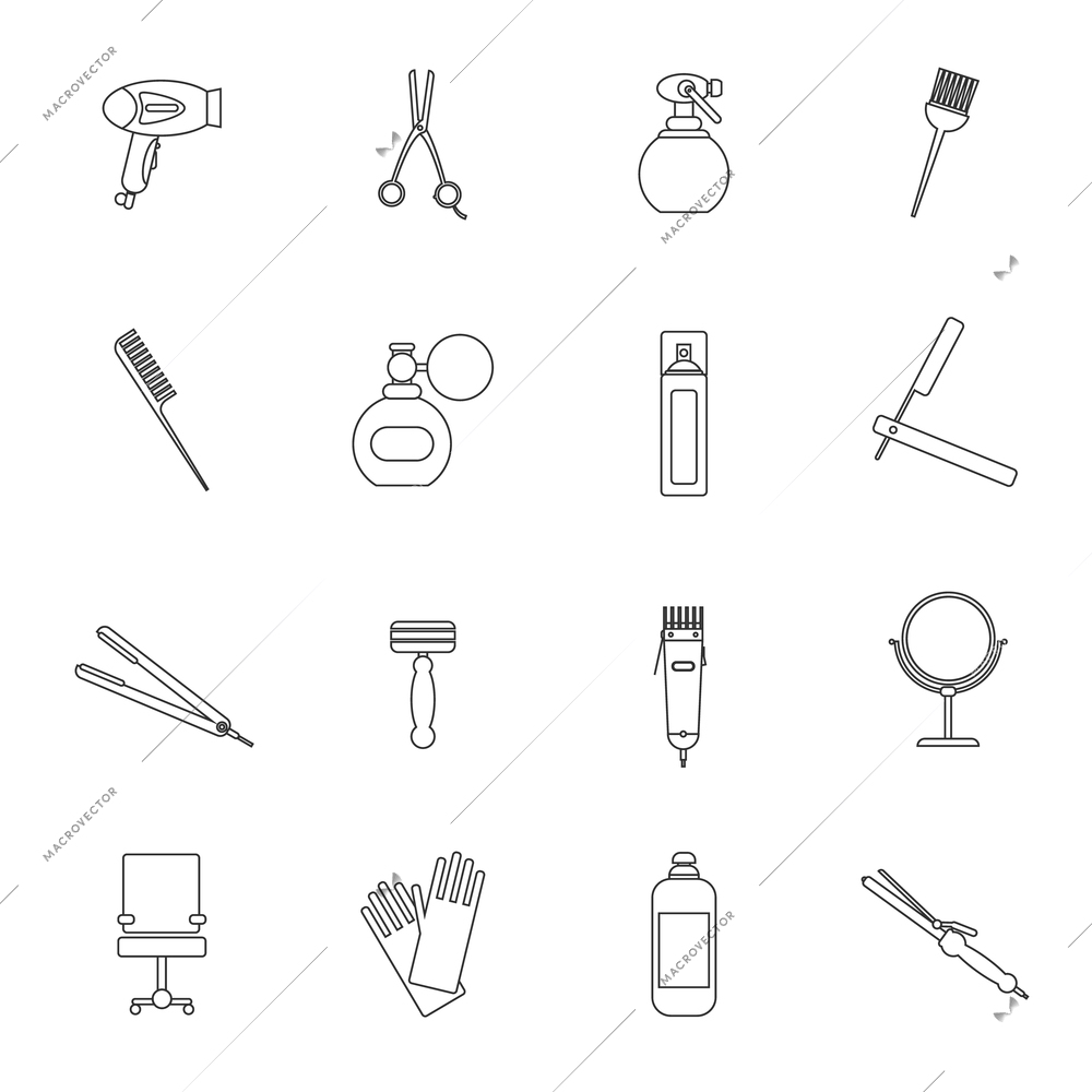 Hairdresser styling profession kit outline icon set with comb shampoo curler isolated vector illustration.