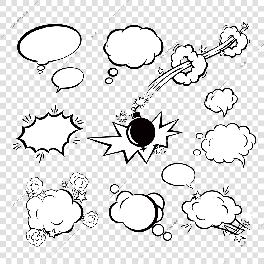 Comic black blank text speech bubbles in pop art style with cartoon bomb set vector illustration