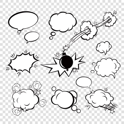 Comic black blank text speech bubbles in pop art style with cartoon bomb set vector illustration