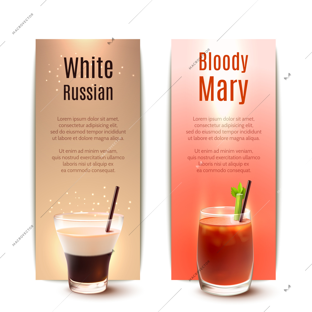 White russian and bloody mary cocktails vertical banner set isolated vector illustration