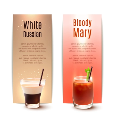 White russian and bloody mary cocktails vertical banner set isolated vector illustration