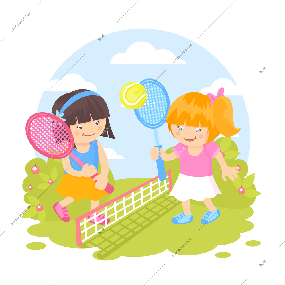 Girl kids with sport racquets playing tennis outdoors background vector illustration