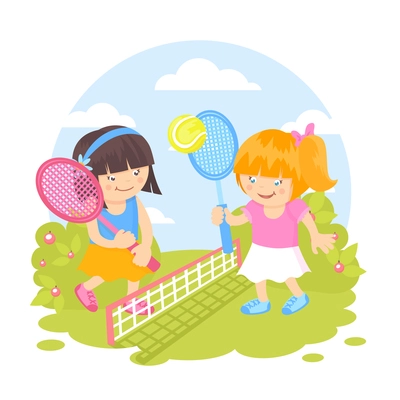 Girl kids with sport racquets playing tennis outdoors background vector illustration