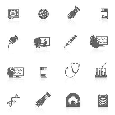 Medical tested health care black icons set with ultrasound x-ray phonendoscope isolated vector illustration