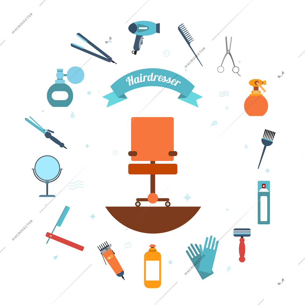 Hairdresser decorative set with beauty haircut accessories and equipment with hairstylist chair in the middle vector illustration