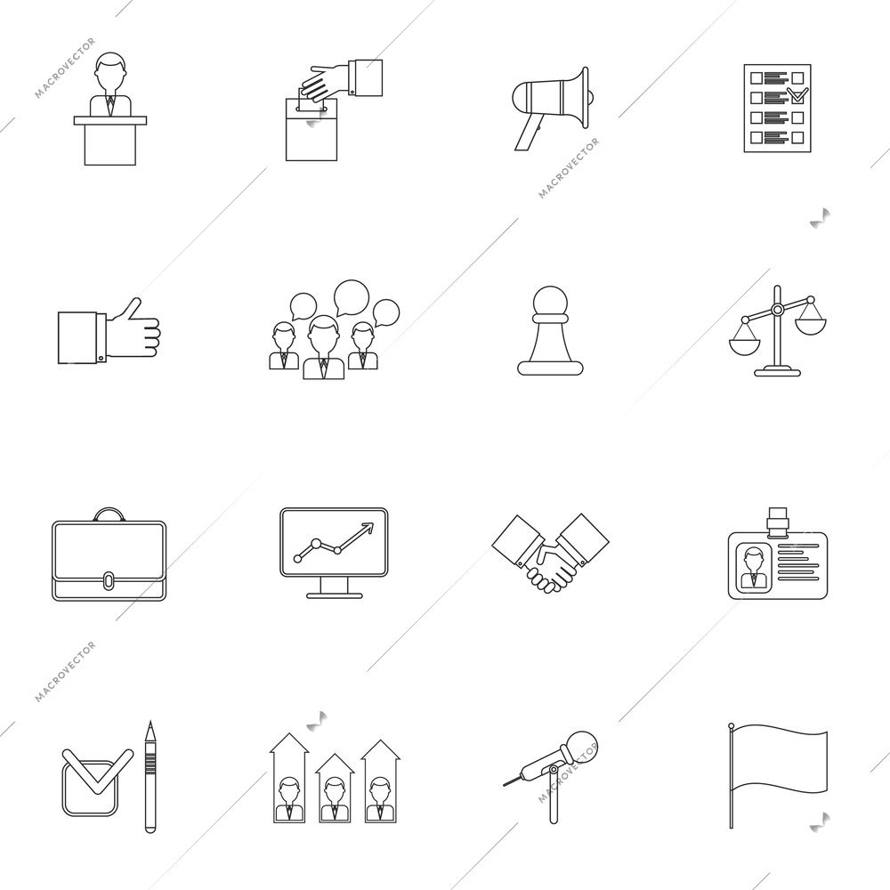 Elections and voting outline icons set with ballot box debate speech isolated vector illustration