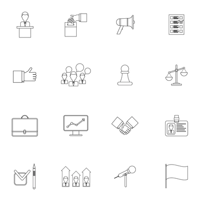 Elections and voting outline icons set with ballot box debate speech isolated vector illustration