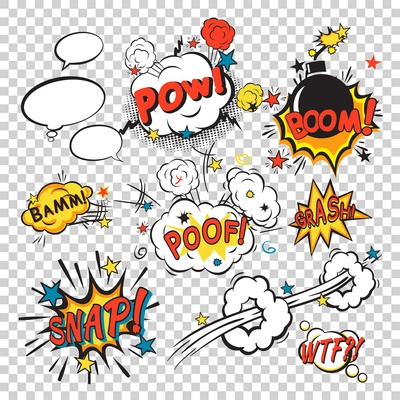 Comic speech bubbles in pop art style with bomb cartoon and explosion text vector illustration