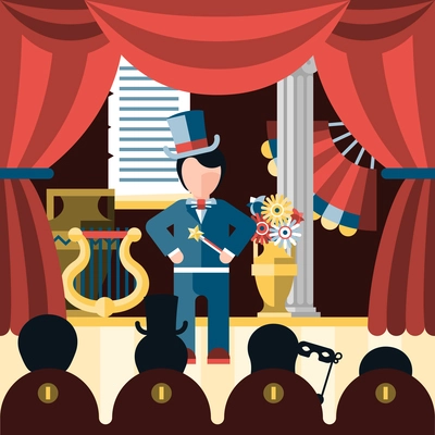 Theatre acting and theatrical play concept with actor and spectators vector illustration
