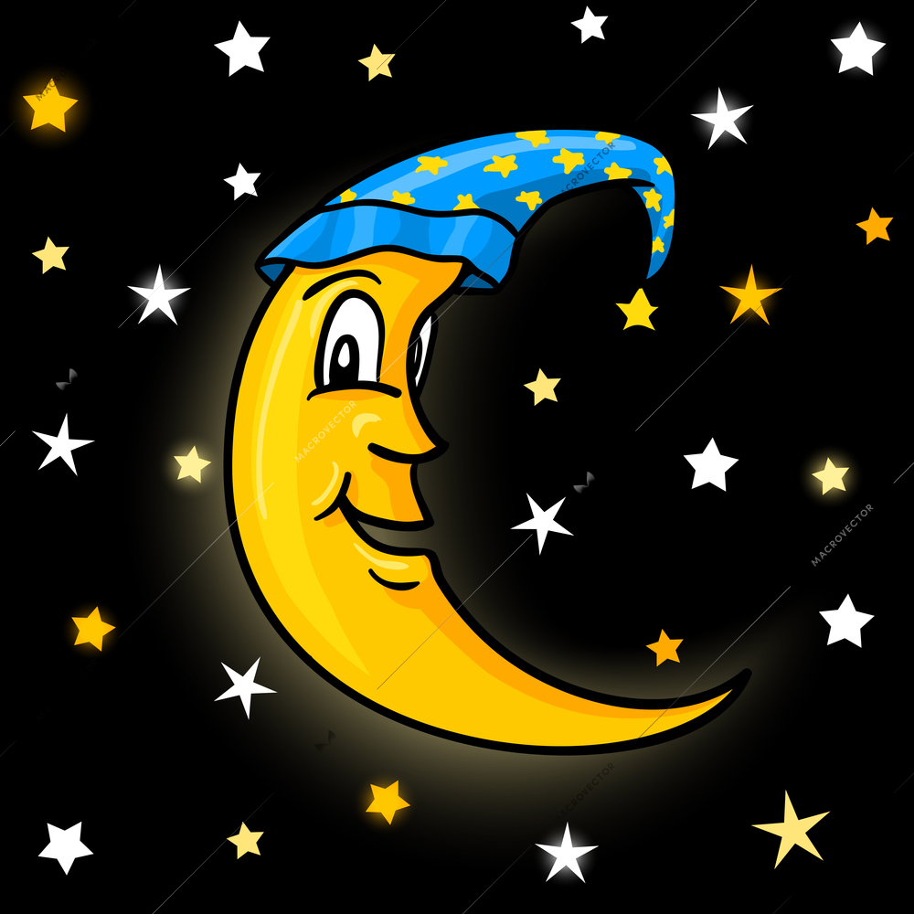 Moon in nightcap with stars on night sky vector illustration