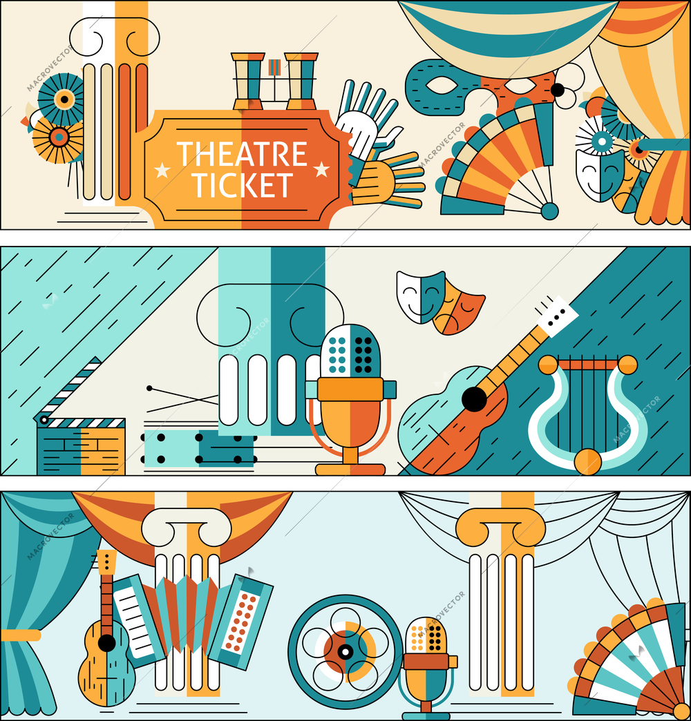 Theatre flat line banner set with ticket decorations masks isolated vector illustration