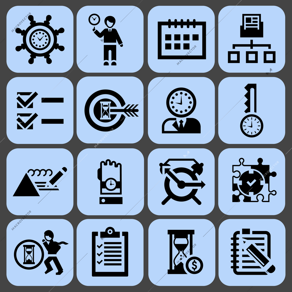 Time management office community working resources black icons set isolated vector illustration