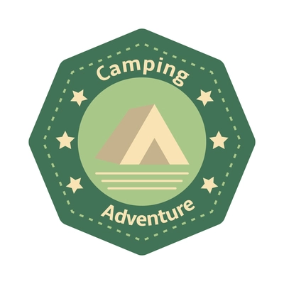 Camping emblem with isolated round composition of editable text and outdoor adventure icons vector illustration
