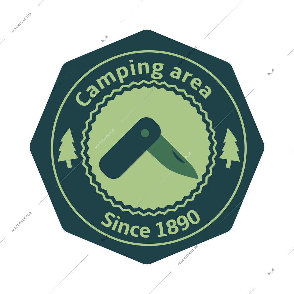 Camping emblem with isolated round composition of editable text and outdoor adventure icons vector illustration