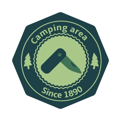 Camping emblem with isolated round composition of editable text and outdoor adventure icons vector illustration