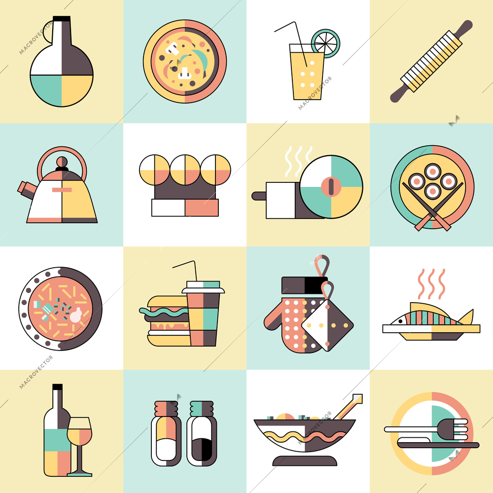 Cooking food icons set flat line with seasoning pizza cocktail rolling pin isolated vector illustration