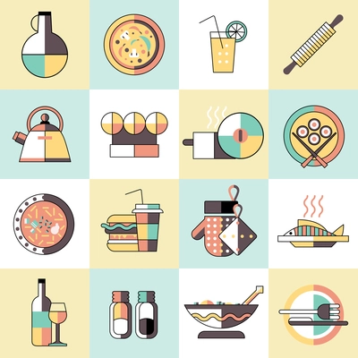 Cooking food icons set flat line with seasoning pizza cocktail rolling pin isolated vector illustration