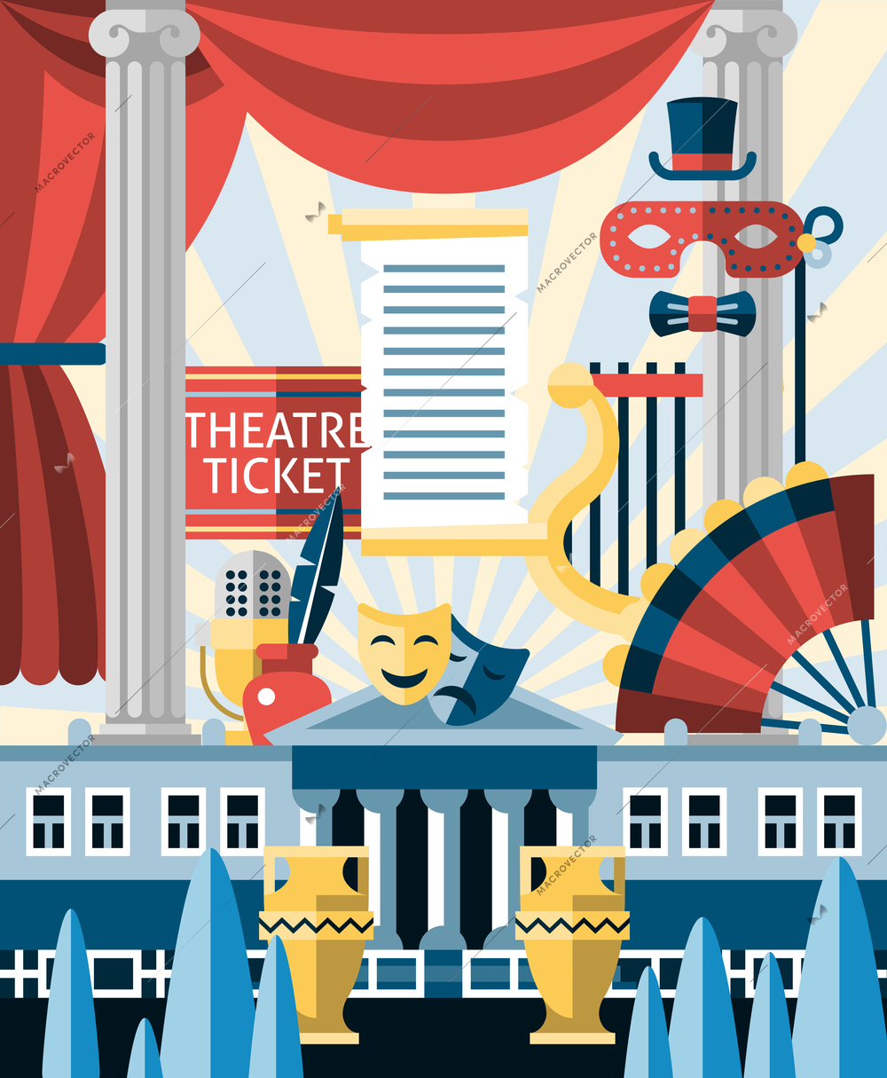 Theatre acting and theatrical play concept with decorative icons set vector illustration