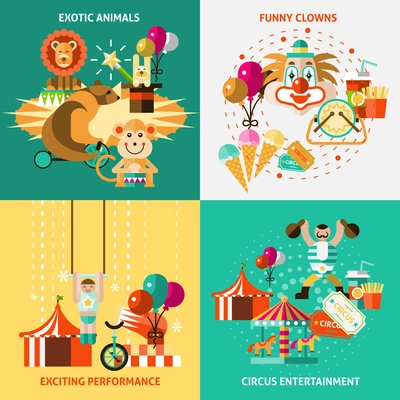 Circus entertainment flat icons set with exotic animals funny clowns exciting performance isolated vector illustration