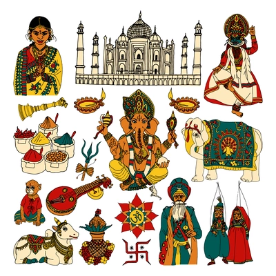 India travel traditional culture decorative colored sketch icons set with taj mahal spices cow isolated vector illustration