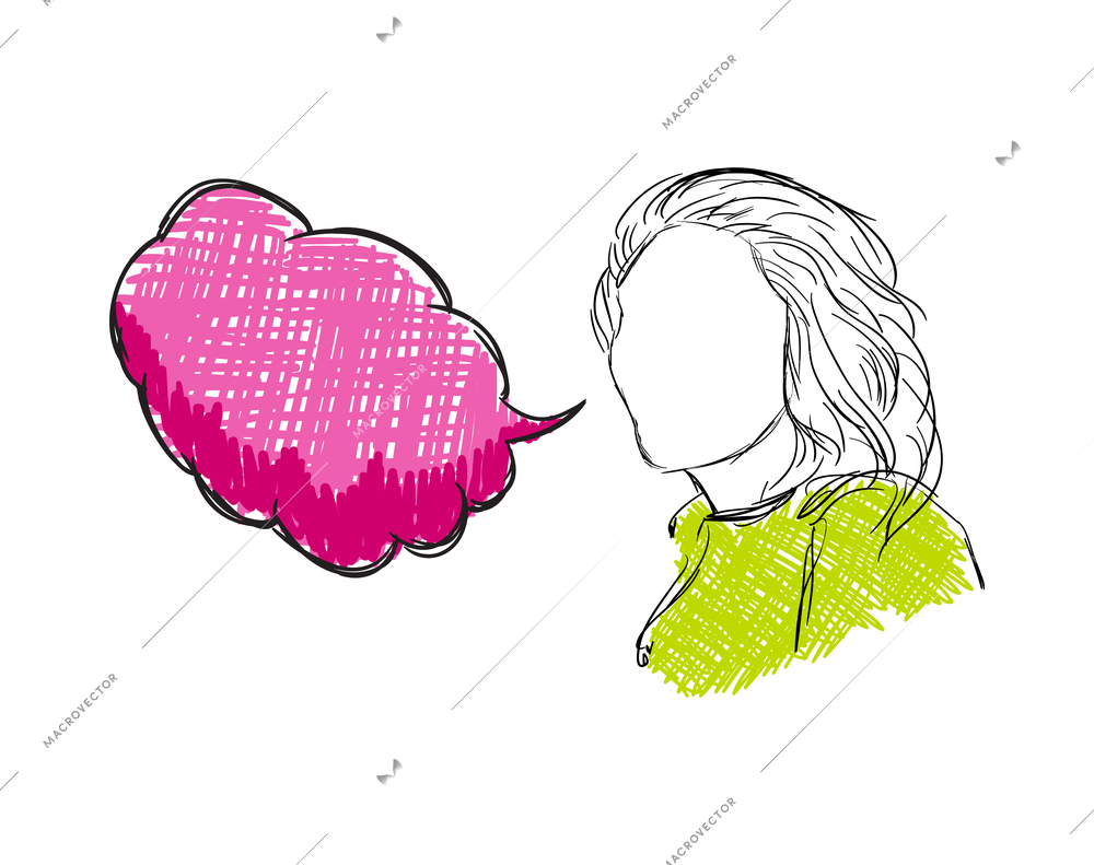 Speech bubble people composition with doodle human head and sketch style thought bubble cloud vector illustration