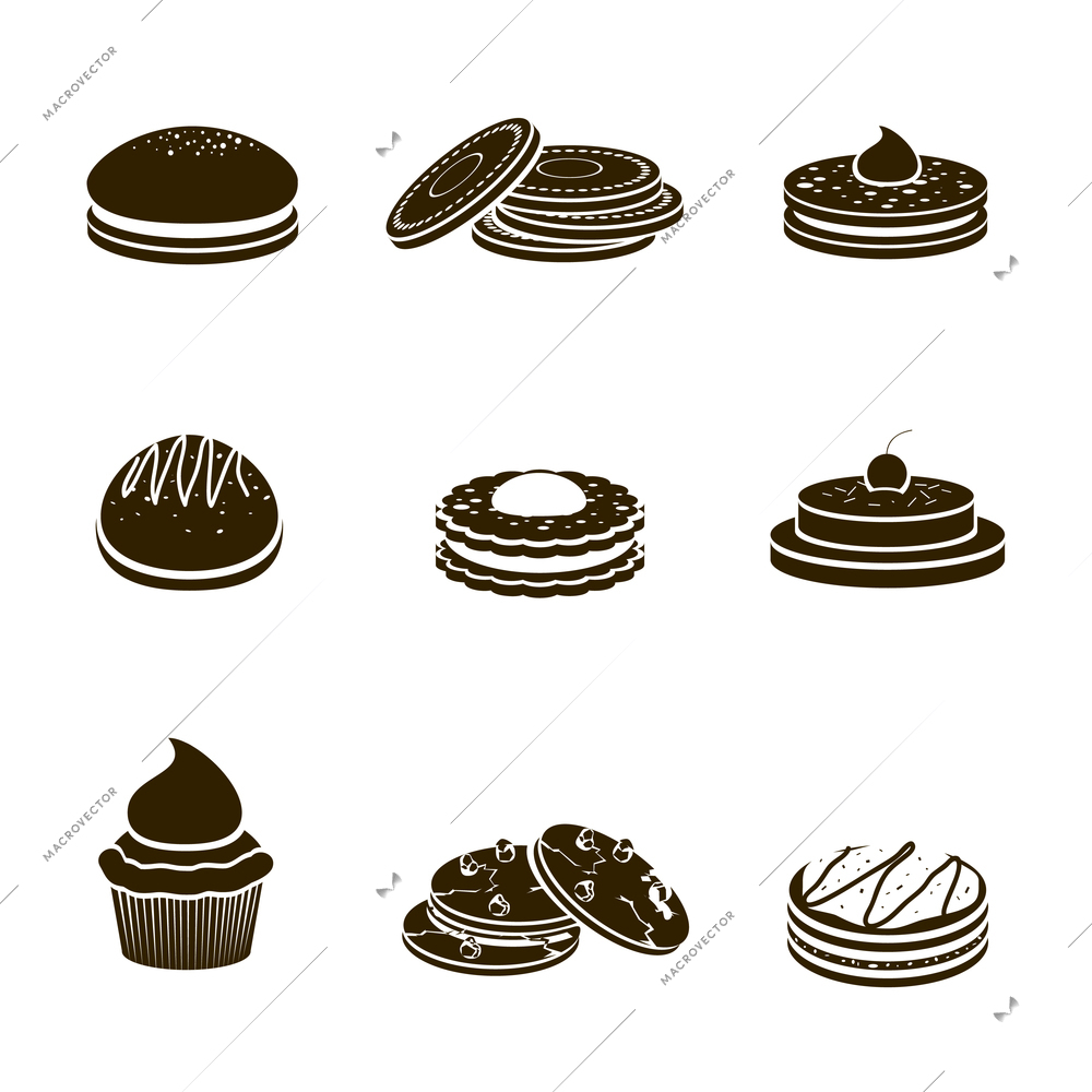 Sweet sugar tasty food cookies black decorative icons set with different decoration isolated vector illustration