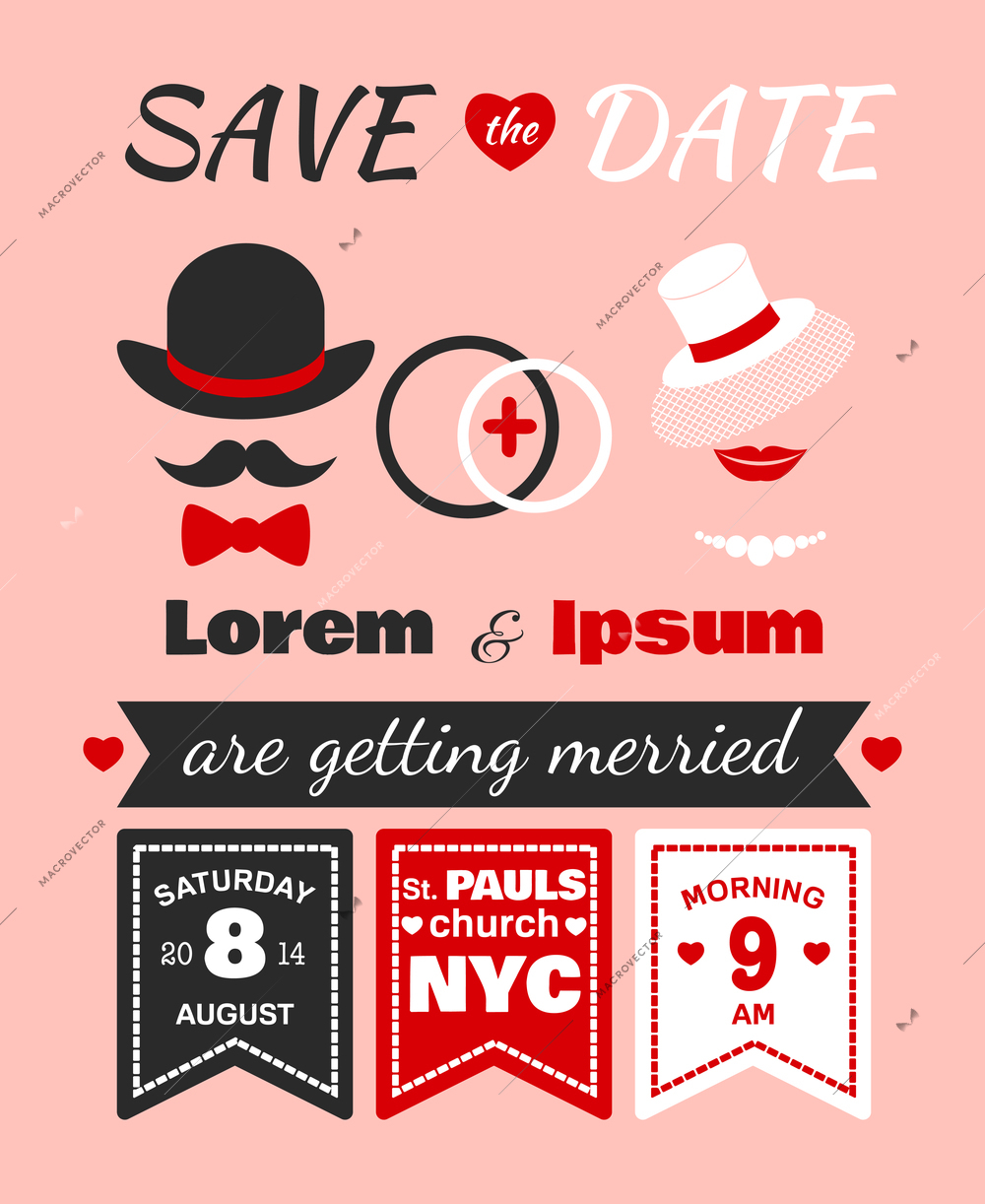 Hipster wedding invitation card of lorem and ipsum template vector illustration