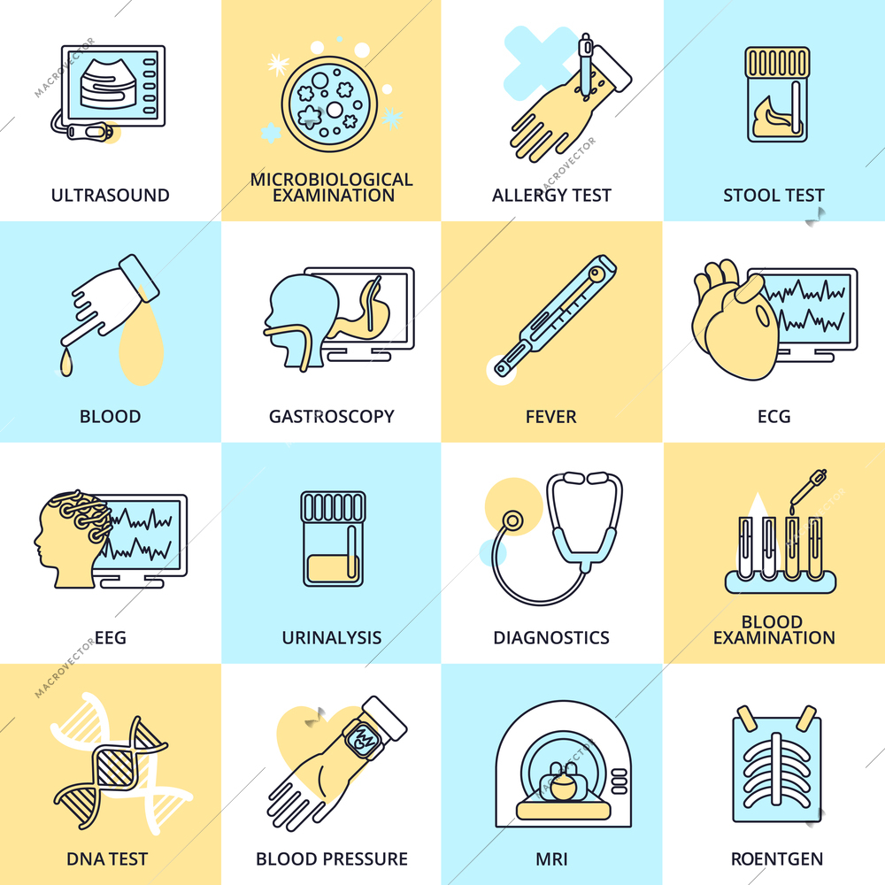 Medical tested health care flat line icons set with ultrasound microbiological examination allergy test isolated vector illustration