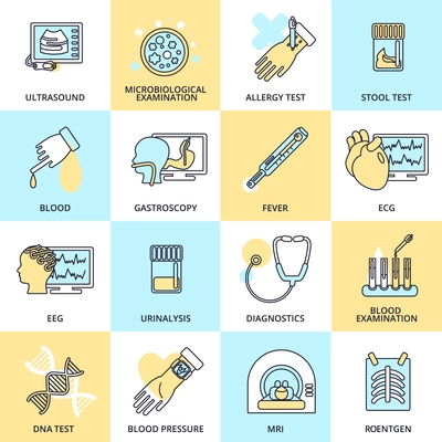 Medical tested health care flat line icons set with ultrasound microbiological examination allergy test isolated vector illustration