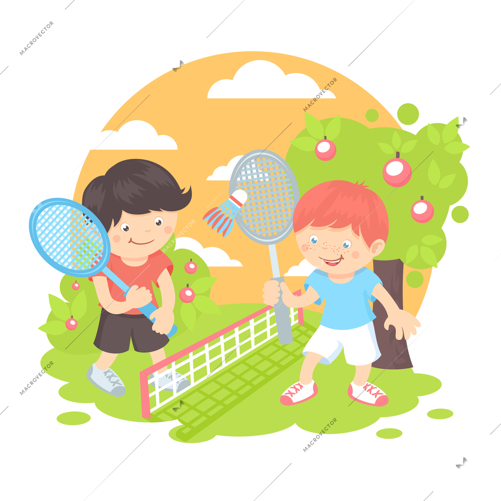 Boys kids with sport racquets playing badminton on the lawn outdoors background vector illustration