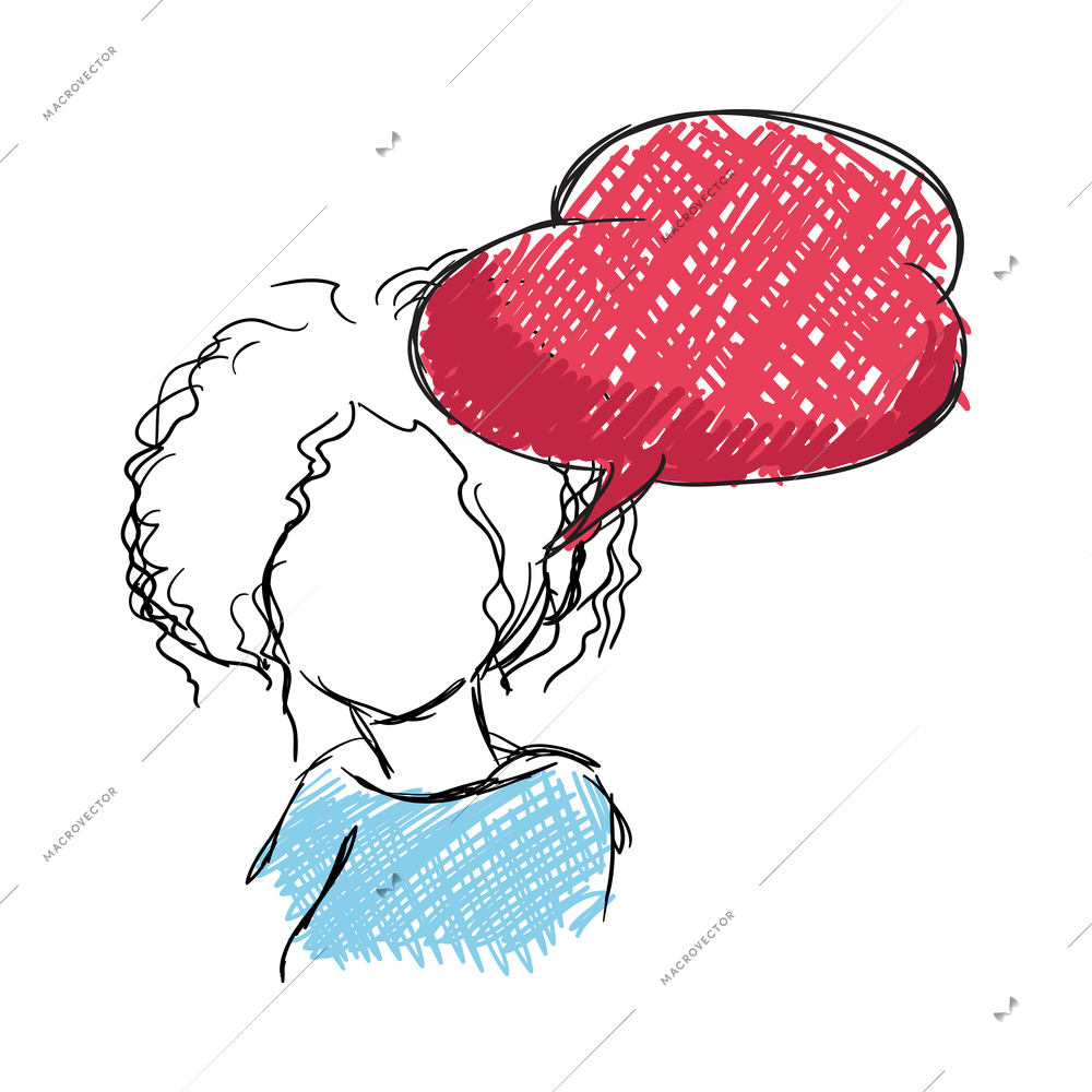 Speech bubble people composition with doodle human head and sketch style thought bubble cloud vector illustration